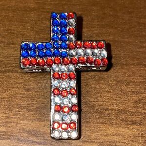 Bejeweled Patriotic Religious Cross Lapel Pin Red White Blue God Bless The USA